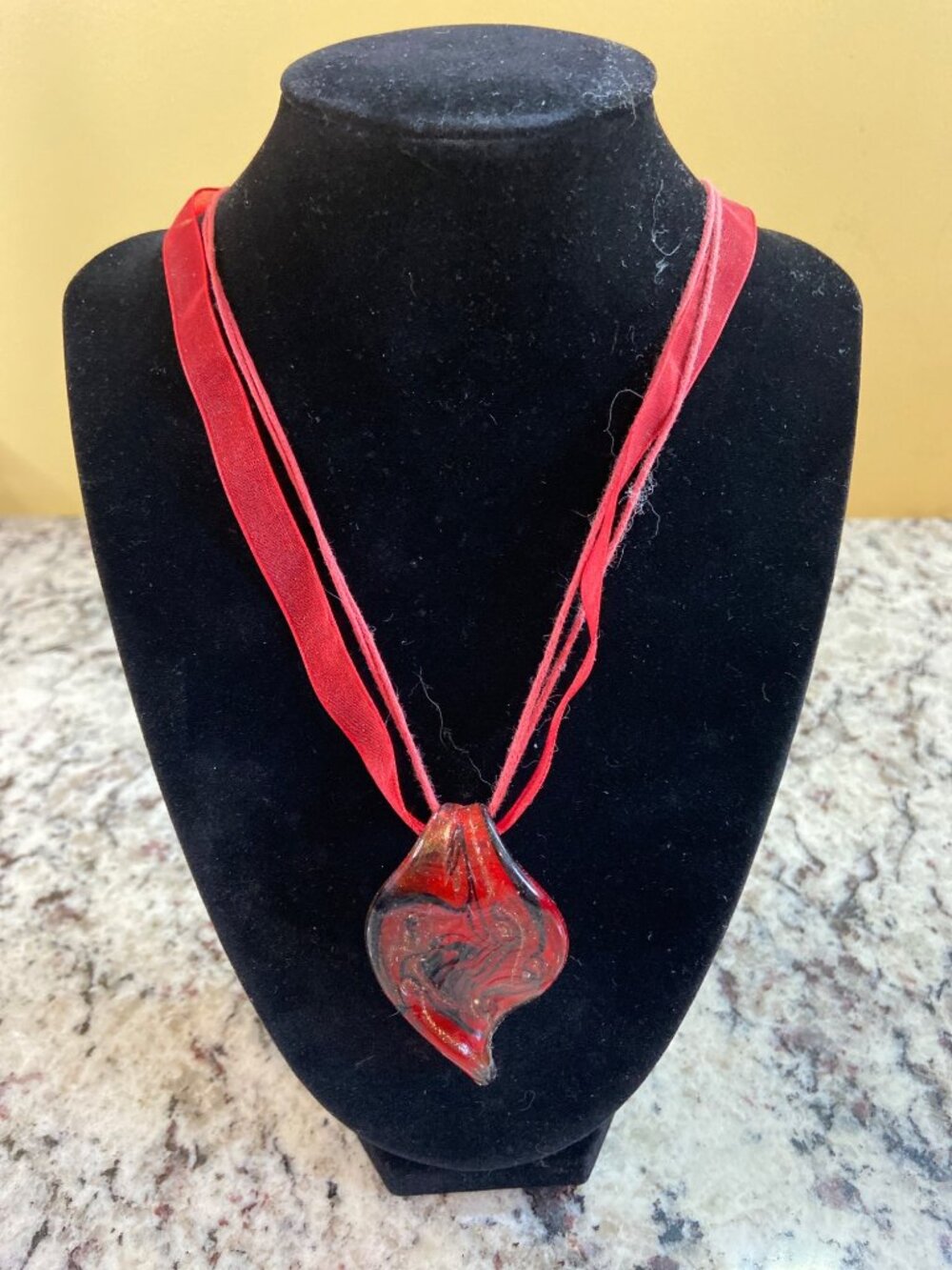 Red Art Glass Pendant Necklace Gold Swirl Organza Ribbon Boho Y2K Statement